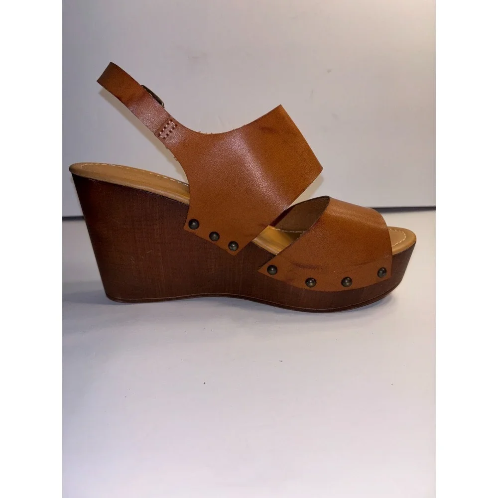 Madden Girl Driiggs Wedge Sandal Women's 8.5 Brown Faux Leather Comfort Open Toe